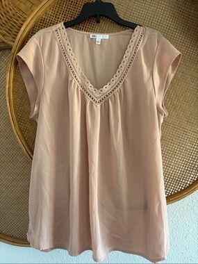 DR2 Blush Scalloped Lace-Trim V-Neck Blouse